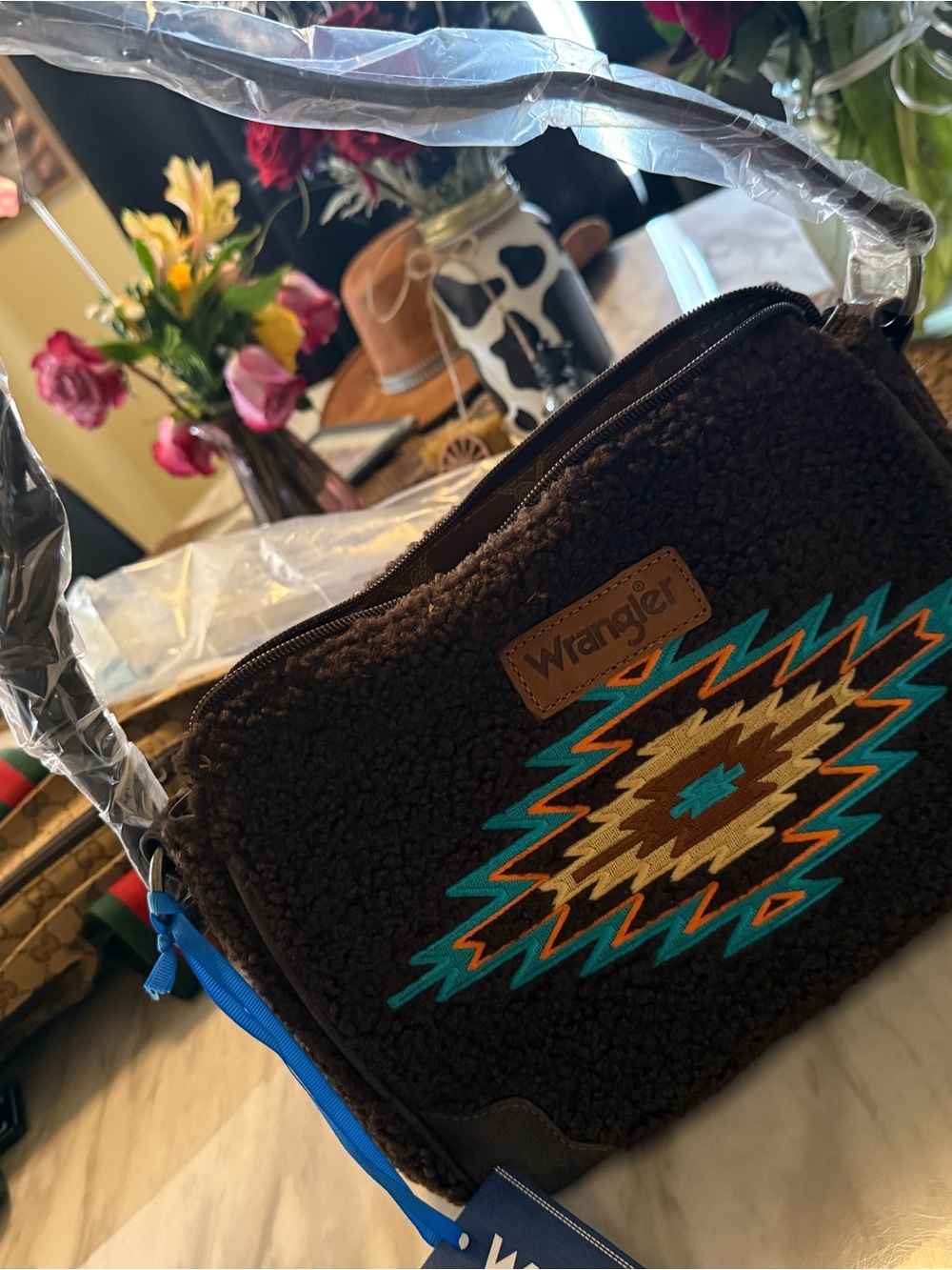New Wrangler Brown shoulder Bag with Turquoise Aztec Accent